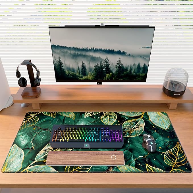 KTRIO Large Gaming Mouse Pad Desk Mat, Superior Micro-Weave Cloth, Non-Slip Rubber Base, Stitched Edges, Water-Resistant, for Gamer, Office & Home, 31.5 x 15.7 Inch，Green Leaves
