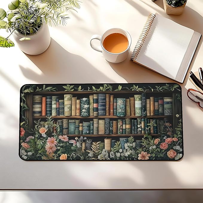 Flower Book Desk Mat, Colorful Mousepad XXL, Large Vintage Game Pad, Computer Keyboard Mouse Pad, with Stitched Edges, Non-Slip Rubber Base Deskpad, Women Home Office Accessories 31.5"X15.7"