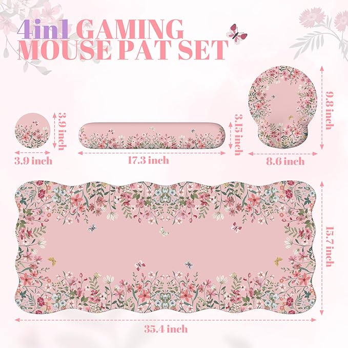 iCasso Desk Mat Set,Large Mouse Pad with Wrist Rest,Ergonomic Keyboard Wrist Support for Women,Girly Floral Computer Mat with Scalloped Edges,Non-Slip Desk Pad Home Office Gaming (Pink)
