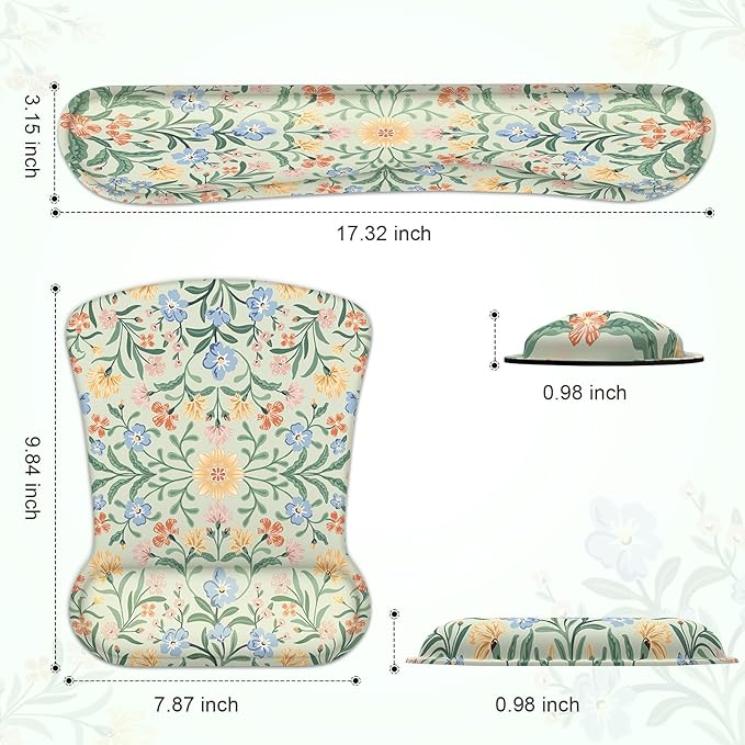 iCasso Ergonomic Mouse Pad, Keyboard Wrist Rest, Memory Foam Mousepad with Wrist Support, Easy Typing and Relieve Wrist Pain Keyboard Pad for Computer(Green Floral)