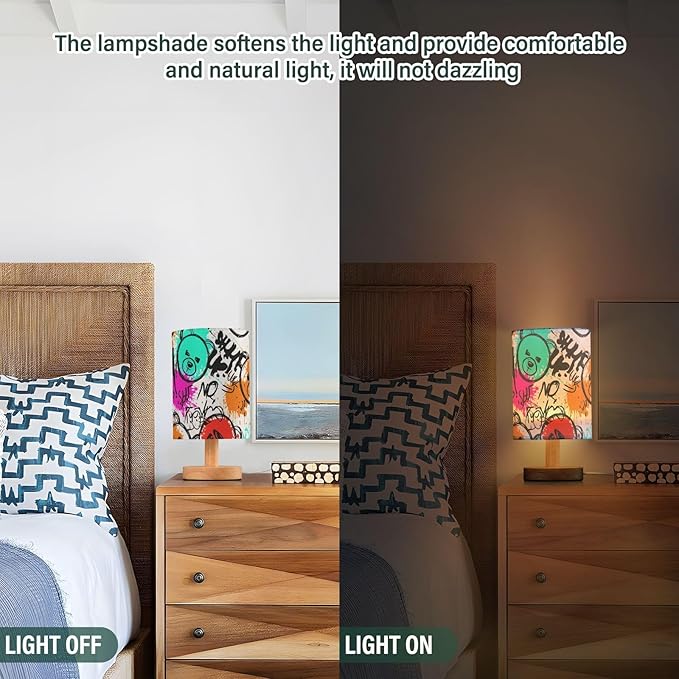 Colorful Graffiti LED Table Lamp, Bedside Lamp with Linen Lampshade, Flicker-Free Eye Care USB Plug in Nightstand Lamp, for Bedroom and Office