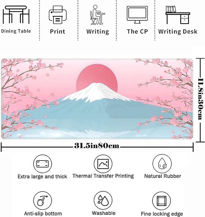 Aesthetic Japanese Cherry Blossom Desk Mat Cute Pastel Blue Color XL Sakura Gaming Mouse Pad Anime Mousepad for Women Desk Office Girl Gamer Cherry Blossoms Mouse Pads Fun Desktop Mat 31.5x11.8 in