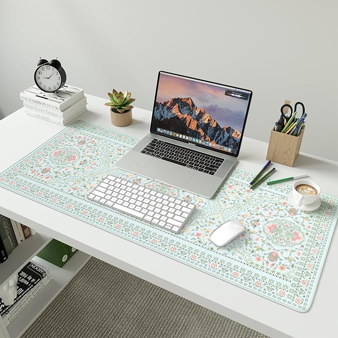 HAOCOO Light Green Computer Pad for Women, Cute Desk Mat with Stitched Edges,Waterproof 35.4" x 15.7" Big Mouse Pad, Anti-Slip Drom Topper Matt, Desk Protector Office Decor