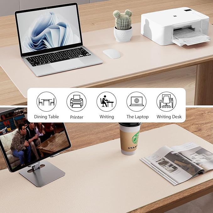 Aothia Large PU Leather Desk Pad Protector – Non-Slip Mouse Pad & Writing Mat for Office/Home, Waterproof, Easy to Clean (23.6" x 13.7", Eggshell)