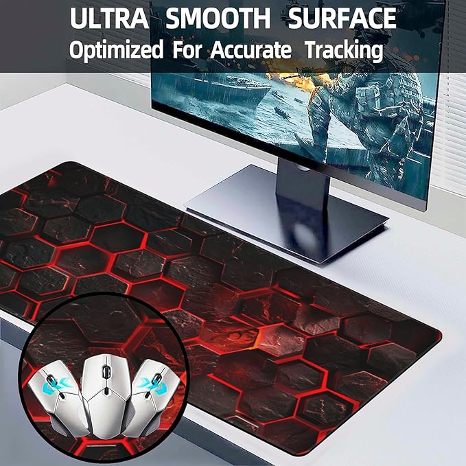 Large Gaming Mouse Pad for Desk,Red Honeycomb Science Technology Desk Mat,Honeycomb Hexagon Desk Pad,Extended Big Computer Keyboard Mouse Pad with Non-Slip Base Stitched Edges 31.5"x11.8"