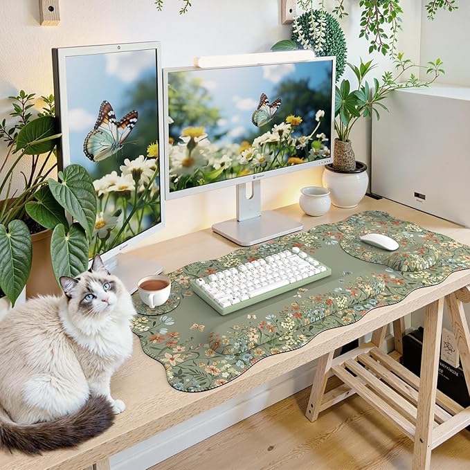 iCasso Desk Mat Set,Large Mouse Pad with Wrist Rest,Ergonomic Keyboard Wrist Support for Women,Girly Floral Computer Mat with Scalloped Edges,Non-Slip Desk Pad Home Office Gaming (Green)