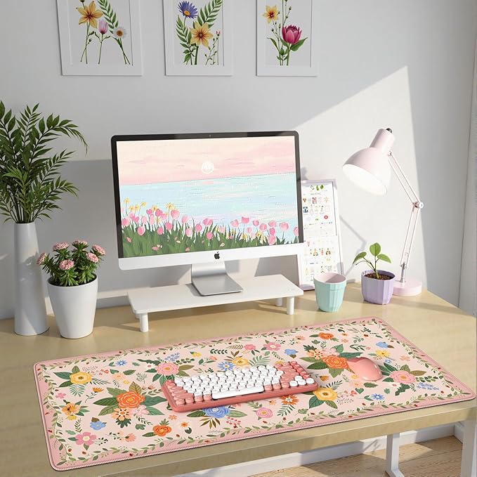 HAOCOO Pink Floral Desk Matt for Desktop, Waterproof Cute Desk Pad Mat, Cute Keyboard Mat, Non-Slip Mouse Pad with Stitched Edges, Computer Mat for Desktop