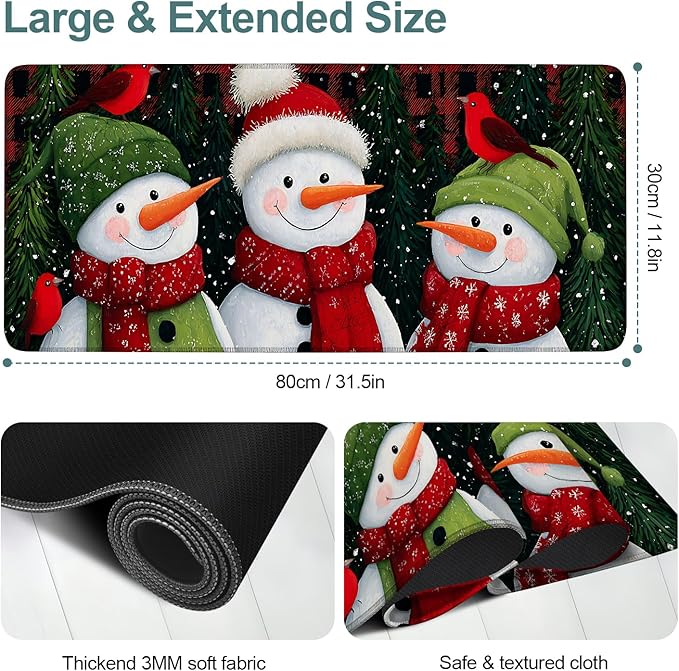 Three Snowmen Extended Gaming Mouse Pad 31.5x11.8inches Large Desk Mat Anti-Slip Rubber Base & Durable Stitched Edges for Gamers Smooth Mouse Writing Surface for Desk Office/Home