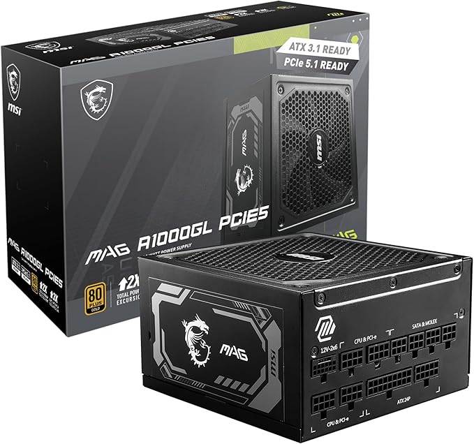 msi MAG A1000GL PCIE5, Fully Modular Compact Gaming 1000W Power Supply, 80+ Gold, ATX 3.1 & PCIe 5.1 Ready, Native Dual-Color 12V-2x6 Cable, 10 Year Warranty