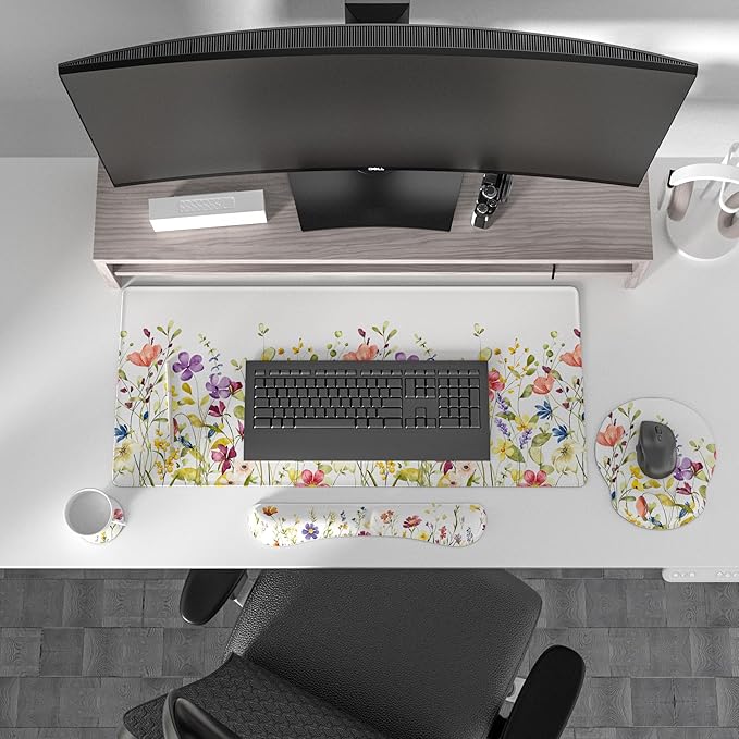 Ovenbird Mouse Pad Set 4-in-1 | Large Gaming Mousepad, Keyboard Wrist Rest, Mouse Wrist Support, Coaster | Ergonomic Office Desk Mat Accessories for Women Men | 4PCS, 35.4 x 15.7in, White Floral