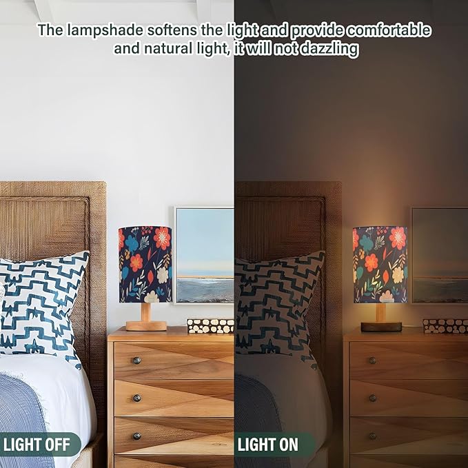 Colorful Floral LED Table Lamp, Bedside Lamp with Linen Lampshade, Flicker-Free Eye Care USB Plug in Nightstand Lamp, for Bedroom and Office