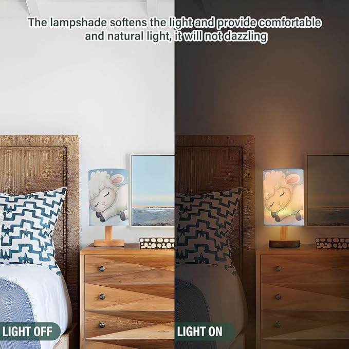 Sheep LED Table Lamp, Bedside Lamp with Linen Lampshade, Flicker-Free Eye Care USB Plug in Nightstand Lamp, for Bedroom and Office