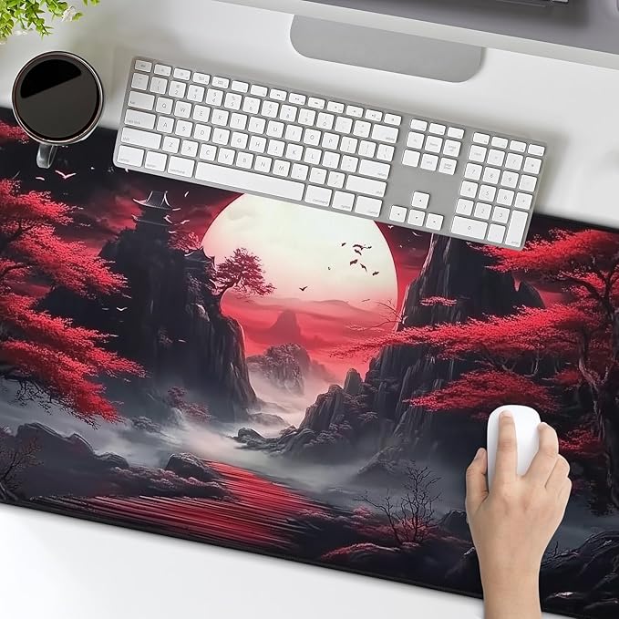 Black Red Japanese Mouse Pad XL Moon Sakura Cherry BLoosm Tree Extended Table Mat 80X30 cm Non-Slip Rubber Base Stitched Edge Large XL Mousepad for Desk Gaming Laptop Desk Top,31.5×11.8 Inch