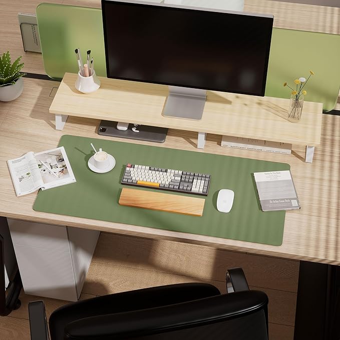 Aothia Dual-Sided Desk Mat - Natural Cork & Leather Desk Protector, Large Mouse Pad & Writing Pad for Office/Home, Olive Green (25.6"x13.7")