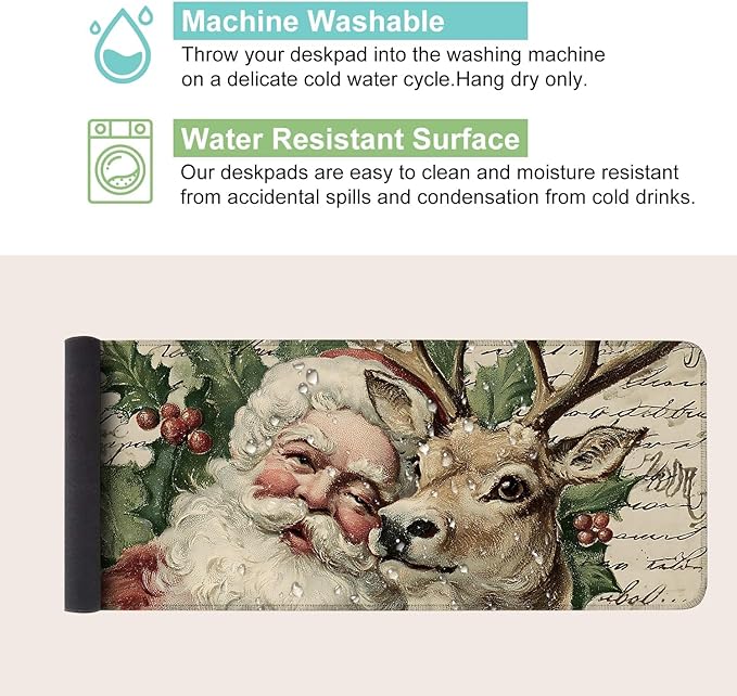 Desk Mat, XXL Extended Gaming Pad for Desktop, 31x12 Inches Santa and Reindeer Classic Scene, Large Non-Slip Vegan Leather Keyboard Mouse Mat for Home Office