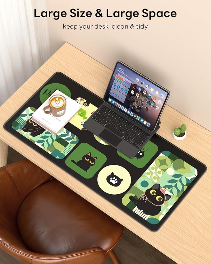XL Gaming Mouse Pad, 31.5x15.7'' Large Desk Mat with Anti-Slip Rubber Base & Stitched Edges for Gaming, Office, Home, Cute Kitty