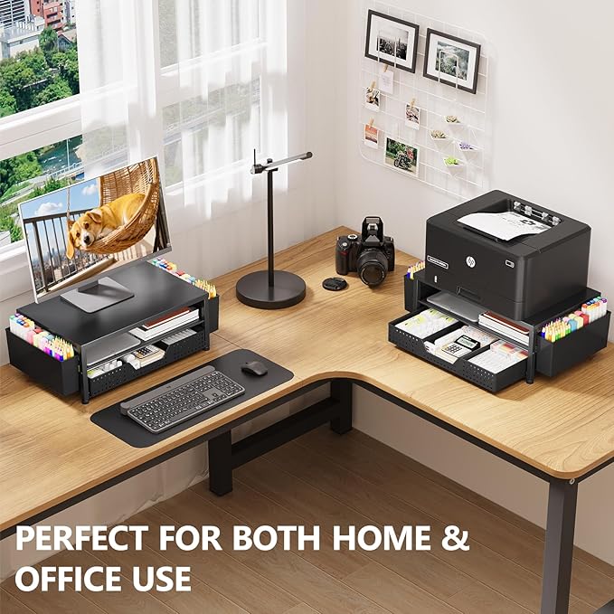 OPNICE Desk Organizers and Accessories, Computer Monitor Stand Riser with Drawer and 2 Pen Holders, Laptop Stand, Office Desk Accessories & Workspace Organizers for Home Office Supplies, Office Book Rack, Black