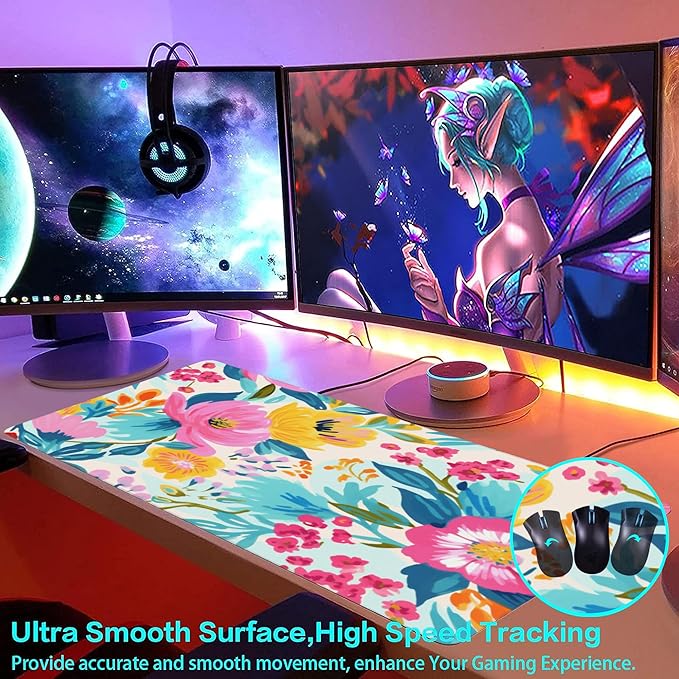XXL Mouse Pad,Watercolor Floral Large Gaming Mouse Pad,Pink Rose Flowers Desk Mat for Desktop,Extended Big Computer Keyboard Desk Pad with Non-Slip Base and Stitched Edge 35.4"x15.7"