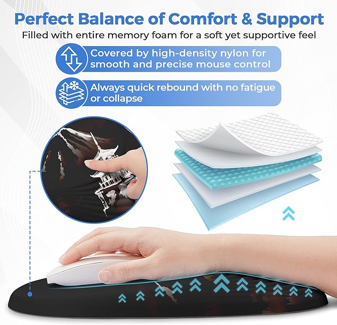 Ergonomic Mouse Pad with Wrist Support, Memory Foam Wrist Rest for Pain Relief & Carpal Tunnel, Non-Slip Base for Office, Computer, PC, Laptop (12x8x1.2inch, Fujisan Dark)
