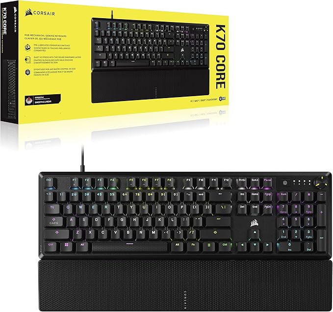CORSAIR K70 CORE RGB Mechanical Wired Gaming Keyboard with Palmrest – Pre-Lubed MLX Red Linear Switches, SOCD, ABS Double-Shot Keycaps, Sound Dampening, Media Control Dial, QWERTY NA – Black
