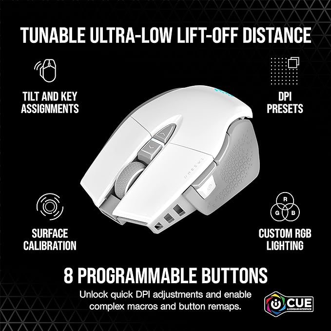 Corsair M65 RGB Ultra Wireless Tunable FPS Wireless Gaming Mouse - Sub-1ms Slipstream Wireless Technology, 26,000 DPI Optical Sensor, Up to 120 Hours of Battery Life, 8 Programmable Buttons - White