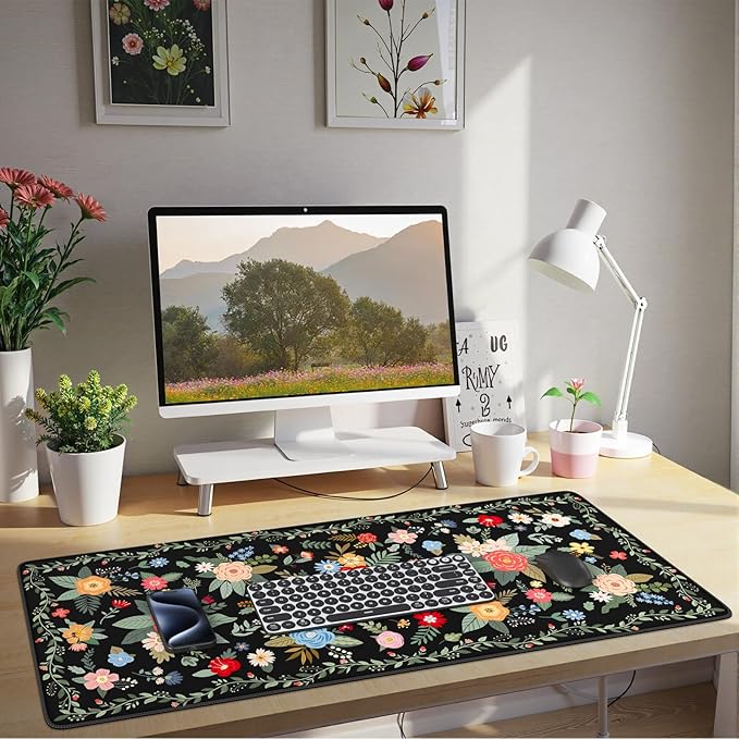 HAOCOO Floral Desk Pad for Keyboard and Mouse, Large Mouse Pad for Desk, Non-Slip Keyboard Mat, Computer Mats for Desk, Desk Pad with Stitched Edges for Office, Gaming(Black)