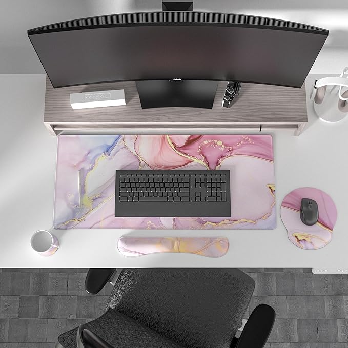 Ovenbird Mouse Pad Set 4-in-1 | Large Gaming Mousepad, Keyboard Wrist Rest, Mouse Wrist Support, Coaster | Ergonomic Office Desk Mat Accessories for Women Men | 4PCS, 35.4 x 15.7in, Pink Marble