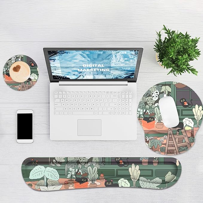 Ergonomic Mouse Pad with Wrist Rest and Keyboard Wrist Rest, Mousepad and Wrist Rest for Computer Keyboard, Non-Slip Rubber Base, Mouse Pad with Wrist Support for Gaming, Office, Cat