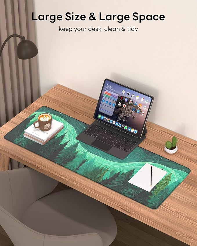 Nature Mouse Pad, 31.5 x 11.8 Large Desk Mat with Stitched Edges & Non-Slip Base, Mousepad for Office, Home, Work, Green Illustration