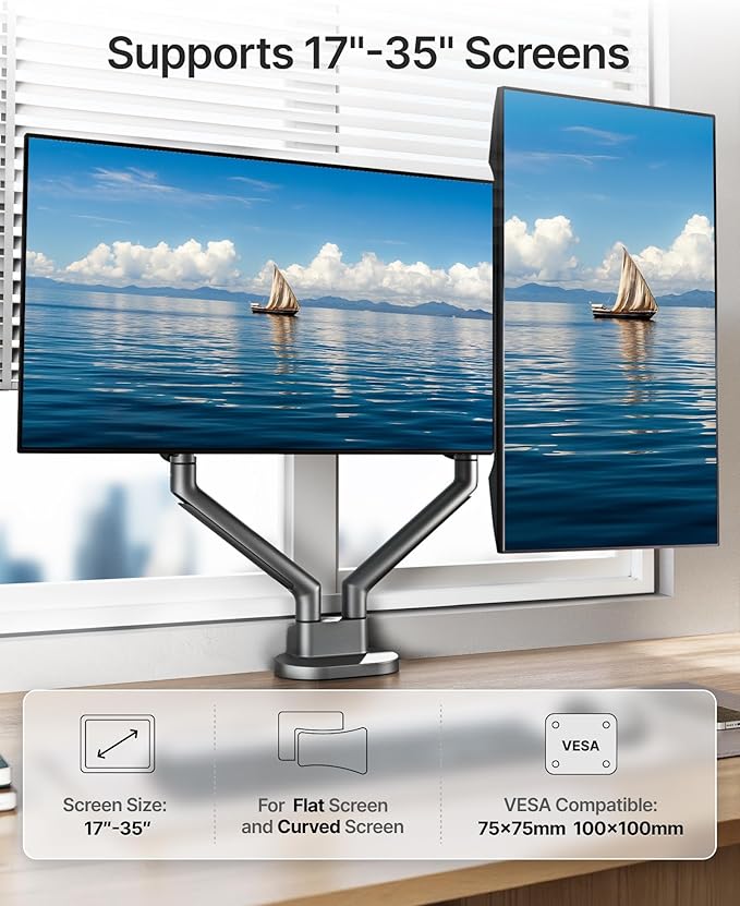 monTEK Dual Monitor Stand for 2 Screens 17 to 35 Inch, Heavy Duty Monitor Mount Arm, VESA Mount Desk Stand with C-Clamp/Grommet Base, Holds up to 24.3 lbs Per Arm, VESA 75/100mm, Gray