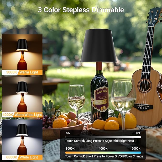 Wireless Bottle Lamp - Rechargeable LED Wine Bottle Lights with 3 Color Temperatures, Stepless Dimming for Bedroom, Restaurant, Bar