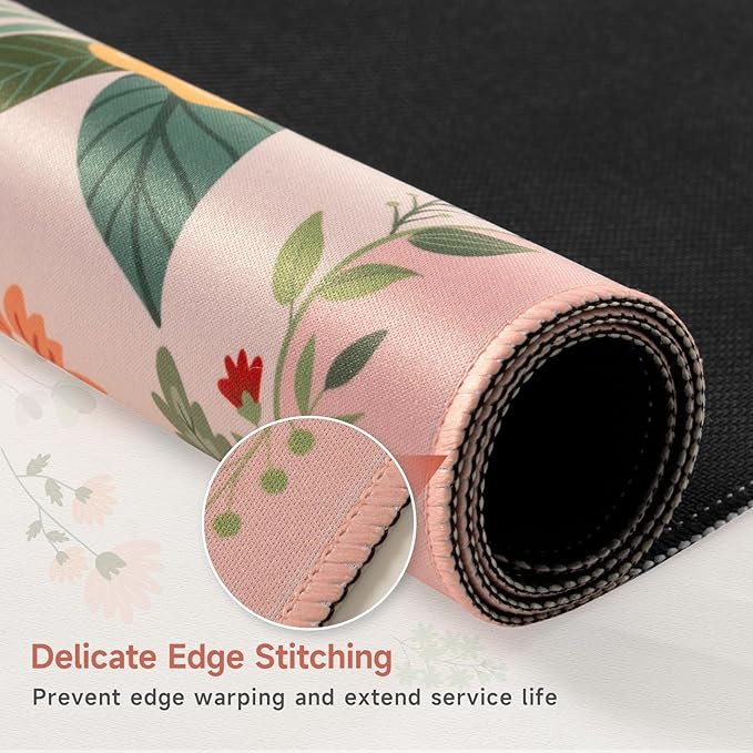 HAOCOO Pink Floral Desk Matt for Desktop, Waterproof Cute Desk Pad Mat, Cute Keyboard Mat, Non-Slip Mouse Pad with Stitched Edges, Computer Mat for Desktop