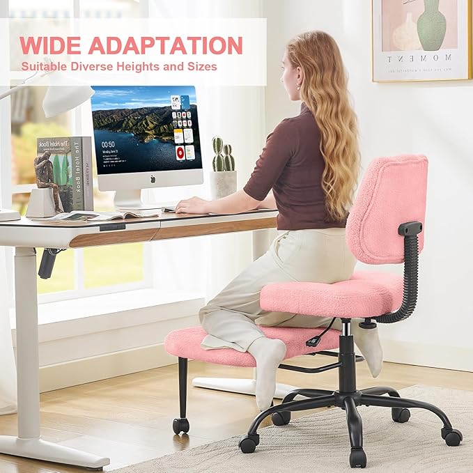 Ergonomic Criss Cross Legged Office Chair, ADHD Chair, Wide Height Adjustable Seat 360° Swivel Footstool with Wheels, Teddy Fabric Meditation Kneeling Chair, for The Restless Home Workers, Pink