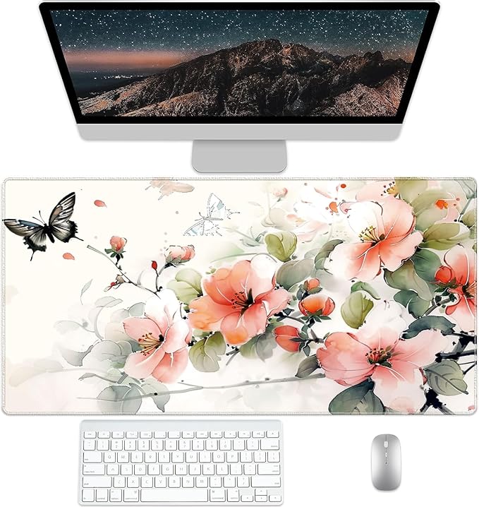 Flower and Butterfly Desk Protector, Stitched Edges Mouse Mat, Large Office Mat, Non-Slip Blotter, Laptop Pad, Writing Pad for Office and Home (31.5" x 15.7")