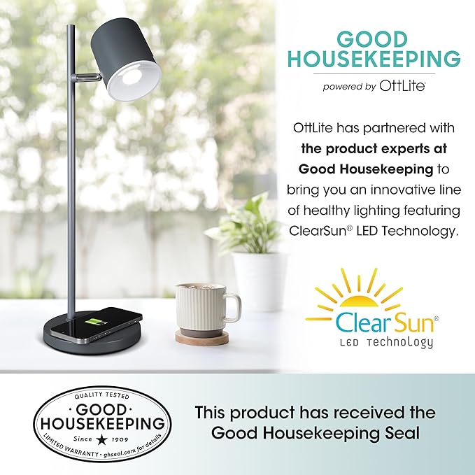 OttLite LED Desk Lamp with Wireless Charger, Good Housekeeping, Modern Book Light, Reading Light, Adjustable, Dimmable, Eye-Friendly Lighting, Great Desk Lamps for Home Office