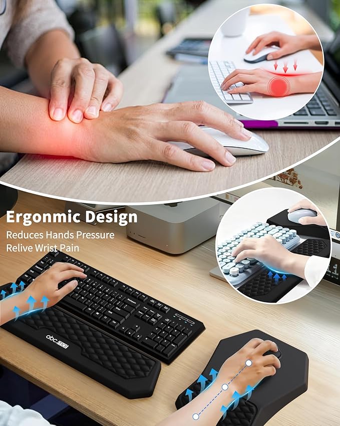 Ergonomic Mouse Pad and Keyboard Wrist Rest Support Set, Massage Design Mousepad for Carpal Tunnel, Memory Foam, Non-Slip PU Base for Computer Desk, Black