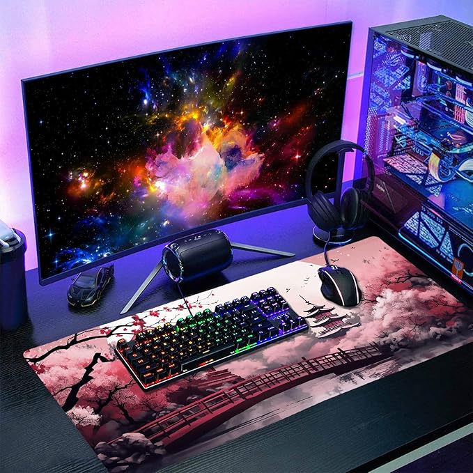 Pink Japanese Cherry Blossom Large Mouse Pad XXL Sakura Forest Tree Sun Tower Mountain Extended Large Desk Mat Big Desk Pad 90X40 CM Non-Slip Rubber Base Stitched Edge Long Mousepad,35.4 x 15.7 Inch