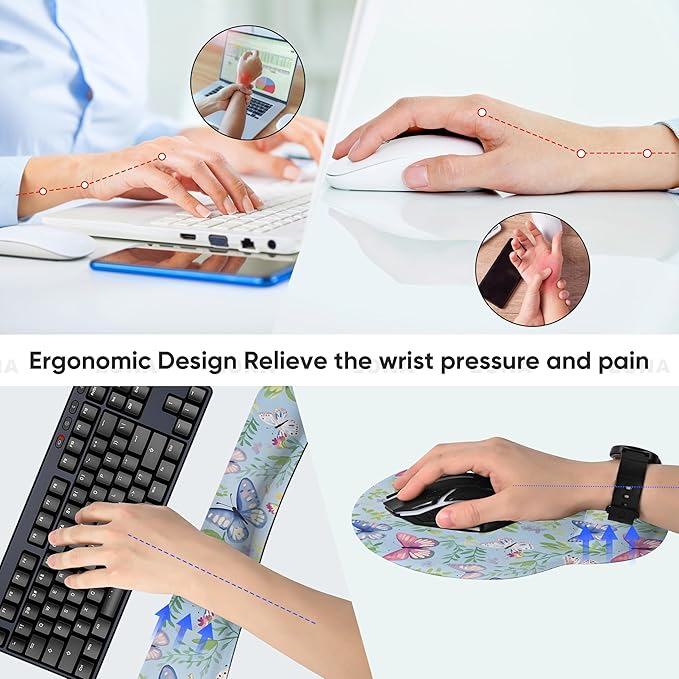 Ergonomic Keyboard Mouse Pad Wrist Rest Support Set for Laptop/Computer/Desktop,Memory Foam Hand Rest Wrist Cushion for Gaming/Office,Lightweight Comfortable (Butterflies)