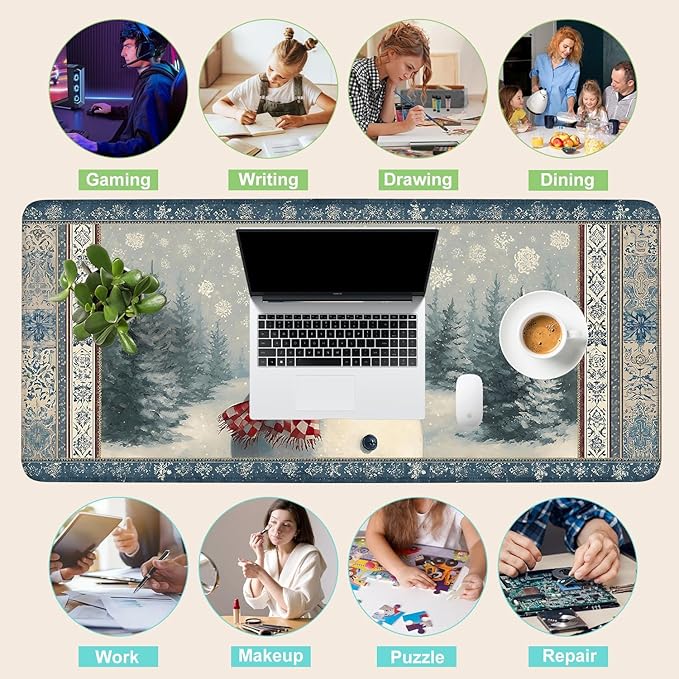 Desk Mat, XXL Extended Gaming Pad for Desktop, 31x12 Inches Winter Snowman in Snowy Forest, Large Non-Slip Vegan Leather Surface with Stitched Edges, Keyboard Mouse Mat for Home Office