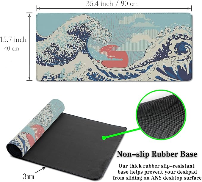 Extra Large Mouse Pad Blue XXL Mousepad, Big Mouse Pads Office Desk Mats, Desk Pad Mat Waterproof Non-Slip Rubber Base, 35.4 X 15.7 inch for Work/Game/Office/Home Japanese Great Wave Art