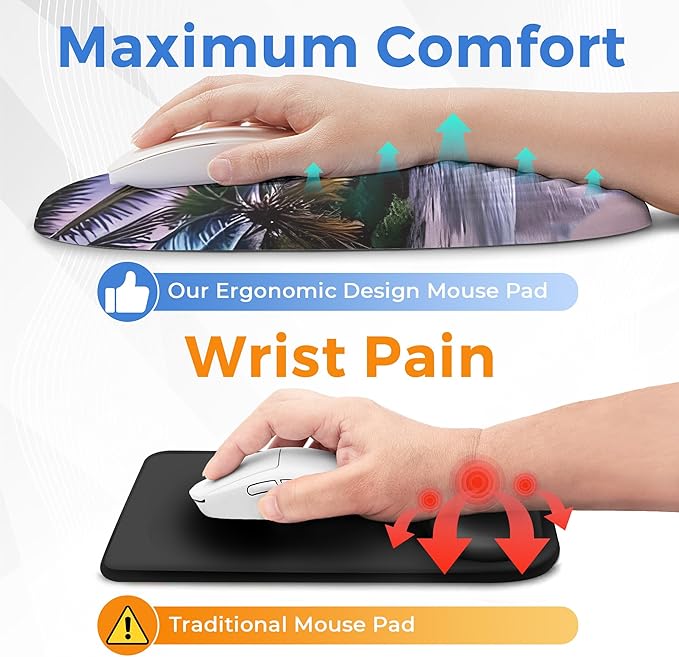 Ergonomic Mouse Pad with Wrist Support, Memory Foam Wrist Rest for Pain Relief & Carpal Tunnel, Non-Slip Base for Office, Computer, PC, Laptop (12x8x1.2inch, Sunset Beach)