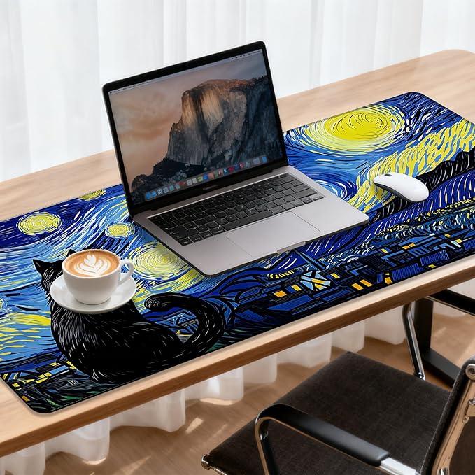 Large Mouse Pad 35.4x15.7 Inch Black Cat Under Starry Night Gaming Desk Mat with Non-Slip Rubber Base, Stitched Edges for Gaming,Office
