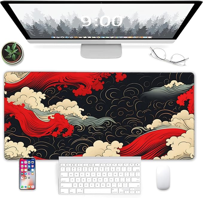 Gaming Mouse Pad, Japanese Sea Waves Extended Mouse Pad Gaming Large, Big Desk Mat with Non-Slip Base and Stitched Edge, Long Computer Keyboard Mouse Mat for Home Office Work 31.5"x15.7"