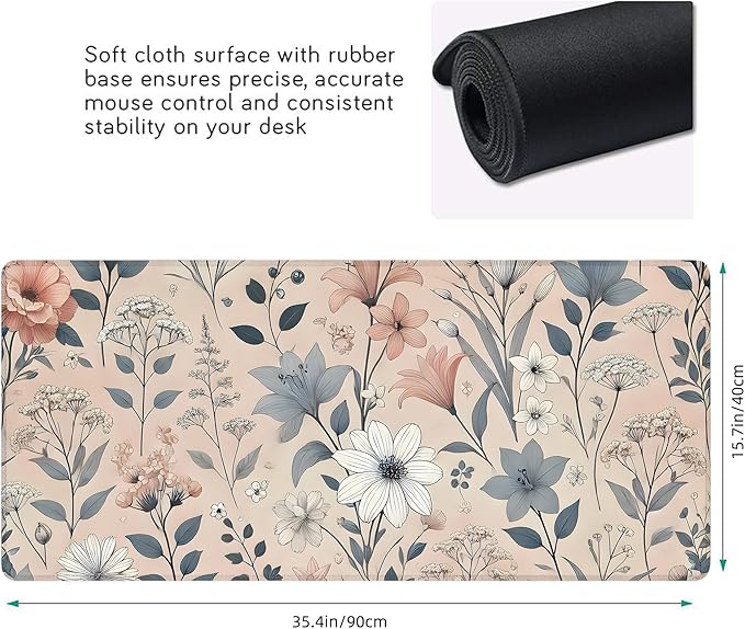 Desk Mat, Aesthetic Dark Plants Floral XXL 35.4"x15.7"Large Gaming Mouse Pad, 3mm Thick Gaming Keyboard Pad,Desk Pad Non-Slip Rubber Base with Stitched Edges for Office Game Home Decor