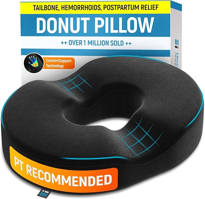 PT ENDORSED Donut Pillow for Coccyx & Tailbone Support - Orthopedic Donut Seat Cushion for Pressure Relief, Post Surgery, Postpartum Pregnancy, Ergonomic Cushion for Coccyx