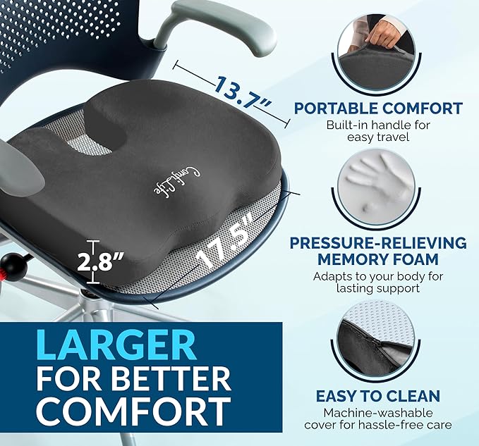 ComfiLife Premium Gel & Memory Foam Seat Cushion – Doctor Recommended Office Chair Cushion, Car Seat Cushion – Ergonomic Coccyx & Back Support Cushion for Office Desk (Charcoal)