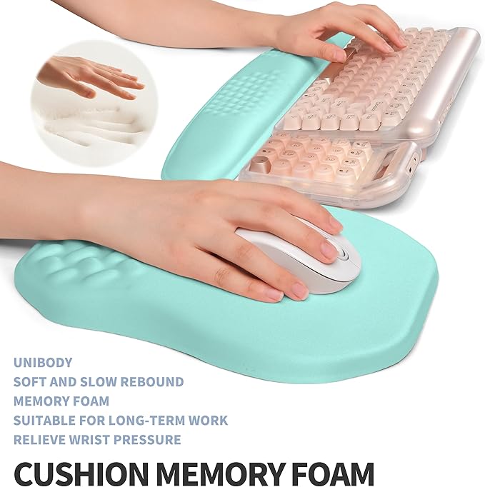 2-in-1 Ergonomic Set, Wave Keyboard Wrist Rest and Massage Slope Mouse Pad Wrist Support, Rebound Memory Foam for Ergonomic Comfort (Light Blue)