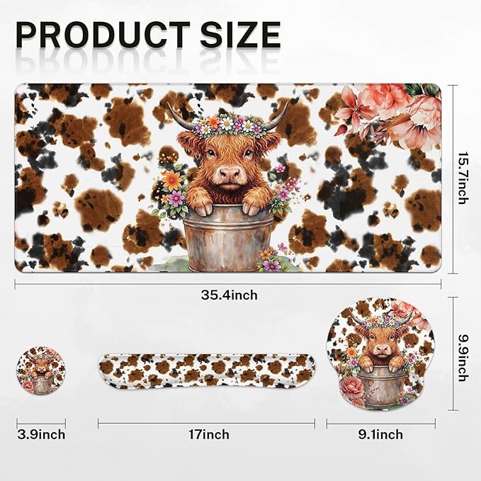 Arttown Highland Cow Flower Desk Mat Leaves Cartoon Print Mouse Pad Set 4 in 1 Ergonomic Design Large Mousepad + Keyboard Wrist Rest + Mouse Wrist Rest + Coaster Suitable for Home Office Study Game