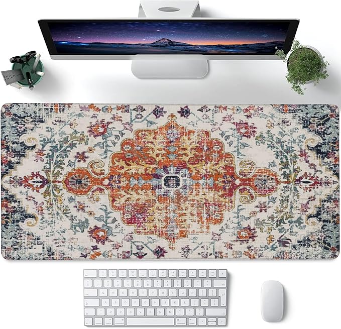 Large Gaming Mouse Pad for Desk,Boho Carpet Style Desk Mat for Desktop,Boho Rug Desk Pad,Extended Big Computer Keyboard Mouse Pad with Non-Slip Base and Stitched Edges 35.4"x15.7"