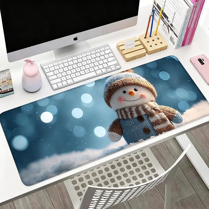 Desk Mat, XXL Extended Gaming Pad for Desktop, 31x12 Inches Scarf and Hat Snowman, Large Non-Slip Vegan Leather Surface with Stitched Edges, Keyboard Mouse Mat for Home Office